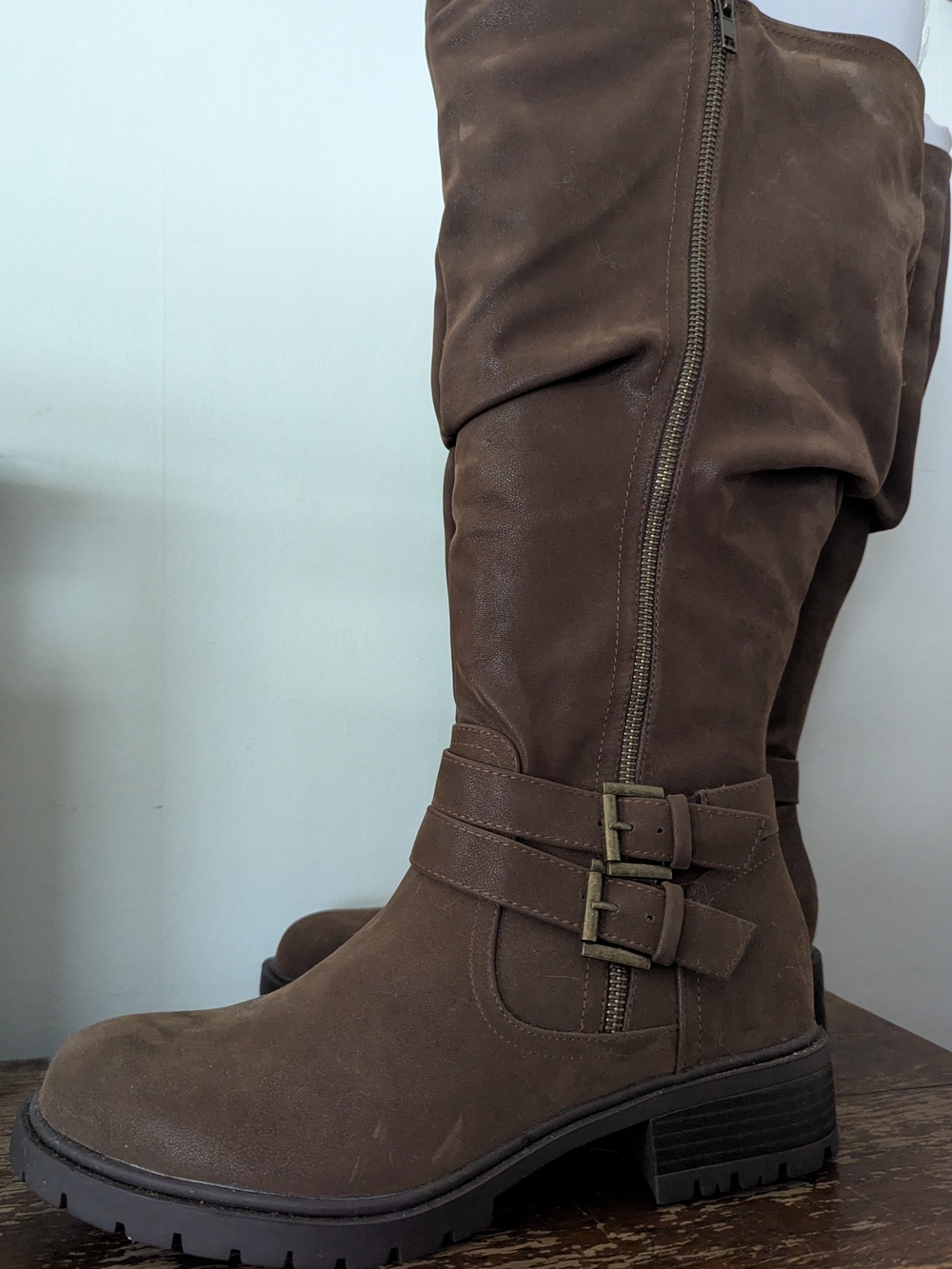 Suede Brown Wide Calf Buckle Boots - Women's 10.5 US